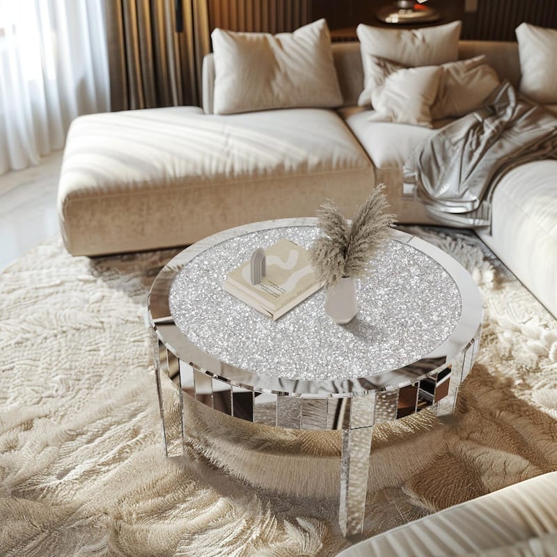 Mirrored Glass Coffee Table with Crystal Diamonds Surface Mirror Beveled Side Table