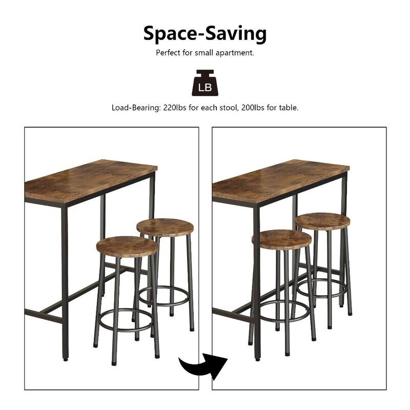 3 Piece Pub Dining Set, Rustic Bar Table and Stools for 2, Kitchen