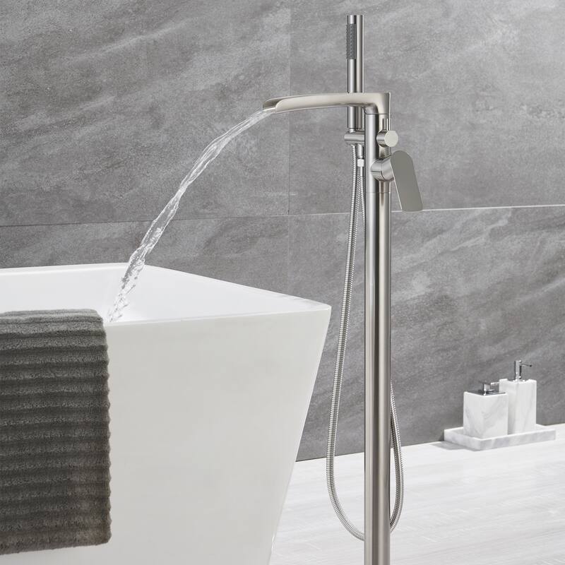 Single Handle Floor Mounted Freestanding Waterfall Tub Filler with Handheld Shower