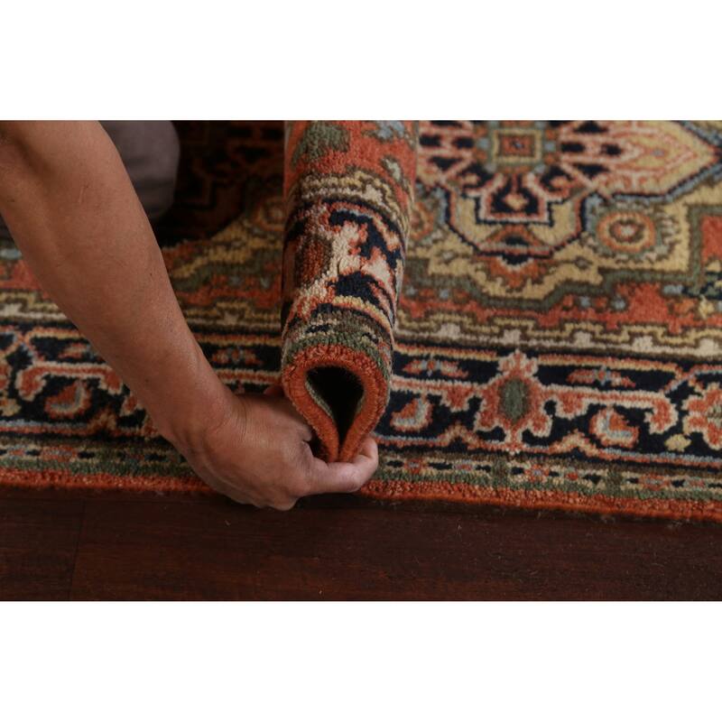 Hand Knotted Oriental 100% Wool Carpet Traditional Geometric Oranges & Rust Indo Heriz Serapi Runner Rug - 11' 11'' X 2' 7''