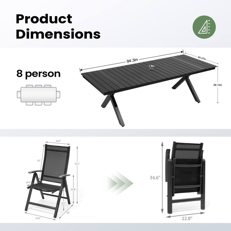 9/11PC Outdoor Patio Dining Set With Aluminum X-Frame Table Umbrella Hole Table Folding Chairs