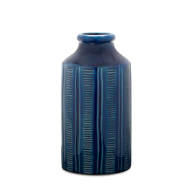 11 Inch Blue Ribbed Round Terracotta Vase for Table Decor