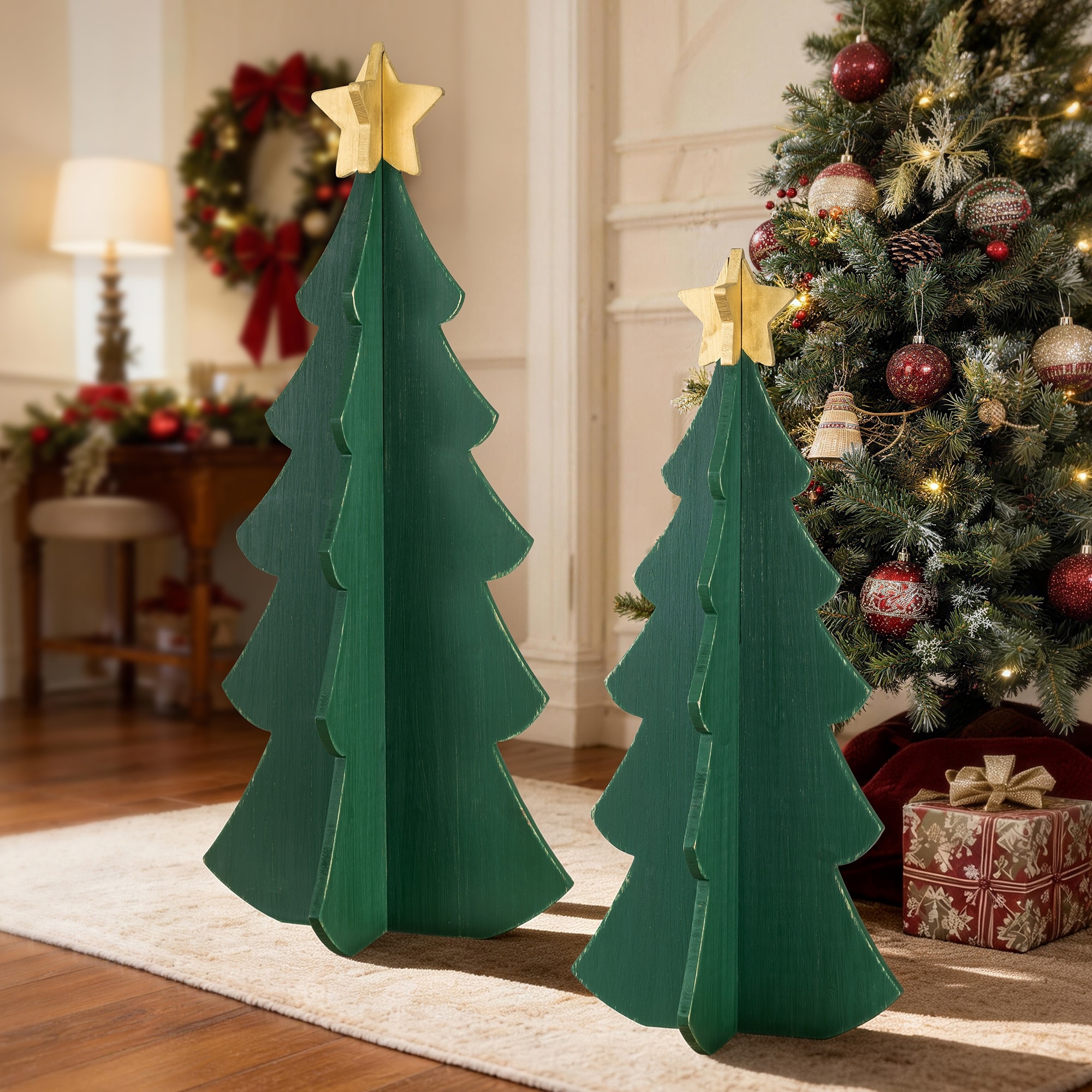 Glitzhome 36''H/30''H Set of 2 Wood Interlocking Christmas Trees Porch Decor - 36"H