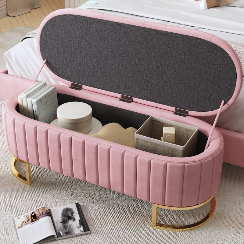 Elegant Upholstered Velvet Storage Ottoman with Button-Tufted,Storage Bench with Metal Legs for Bedroom,Living Room - Pink