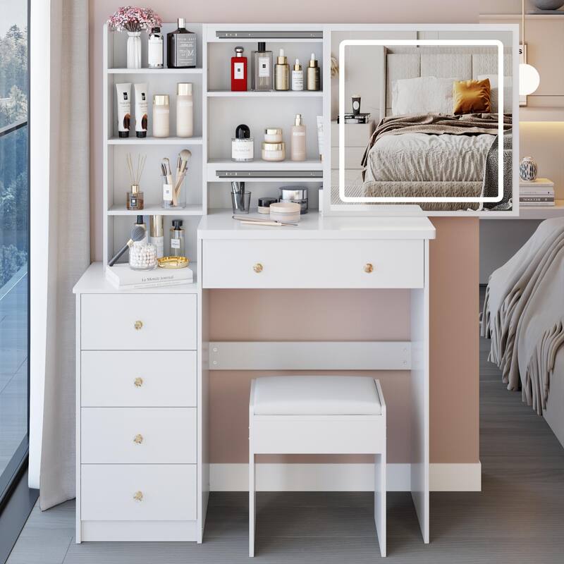 37" Middle Size Left Bedside Cabinet Vanity Table + Cushioned Stool, Large Sliding, Touch Control, Brightness Adjust LED Mirror - White
