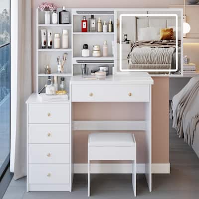 37" Middle Size Left Bedside Cabinet Vanity Table + Cushioned Stool, Large Sliding, Touch Control, Tri-color Switching