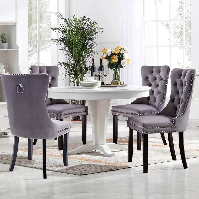 Velvet Dining Chairs Set of 2, Upholstered High-end Tufted Dining Room Chair with Nailhead Back Ring Pull Trim Solid Wood Legs