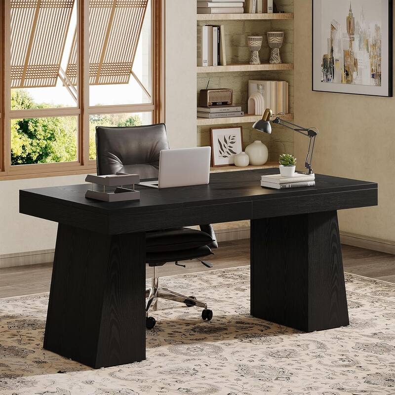 55" Modern Farmhouse Wooden Executive Desk Computer Conference Table - Black