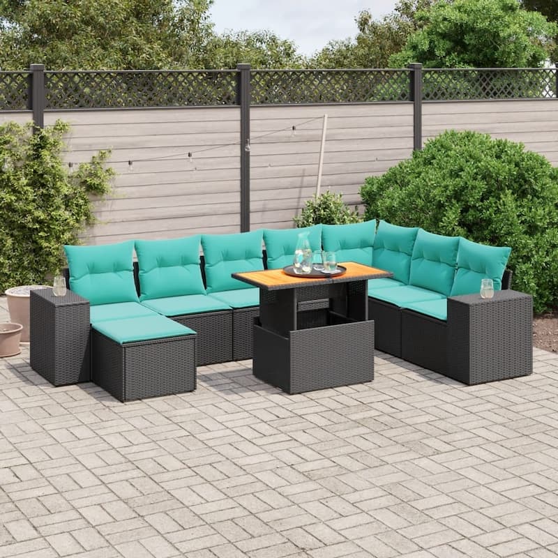 vidaXL Patio Sofa Set with Cushions Outdoor Furniture 9 Piece Poly Rattan - 21.7 x 24.4 x 27.2 - Black