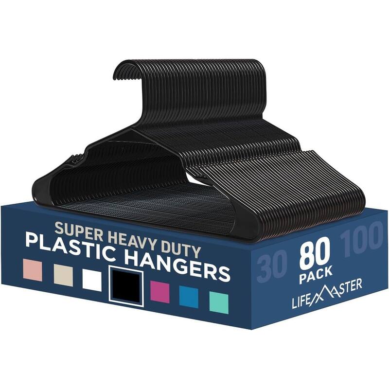 Black Plastic Clothes Hangers Set Lightweight, Durable, Smart Shoulder - 80 Pieces