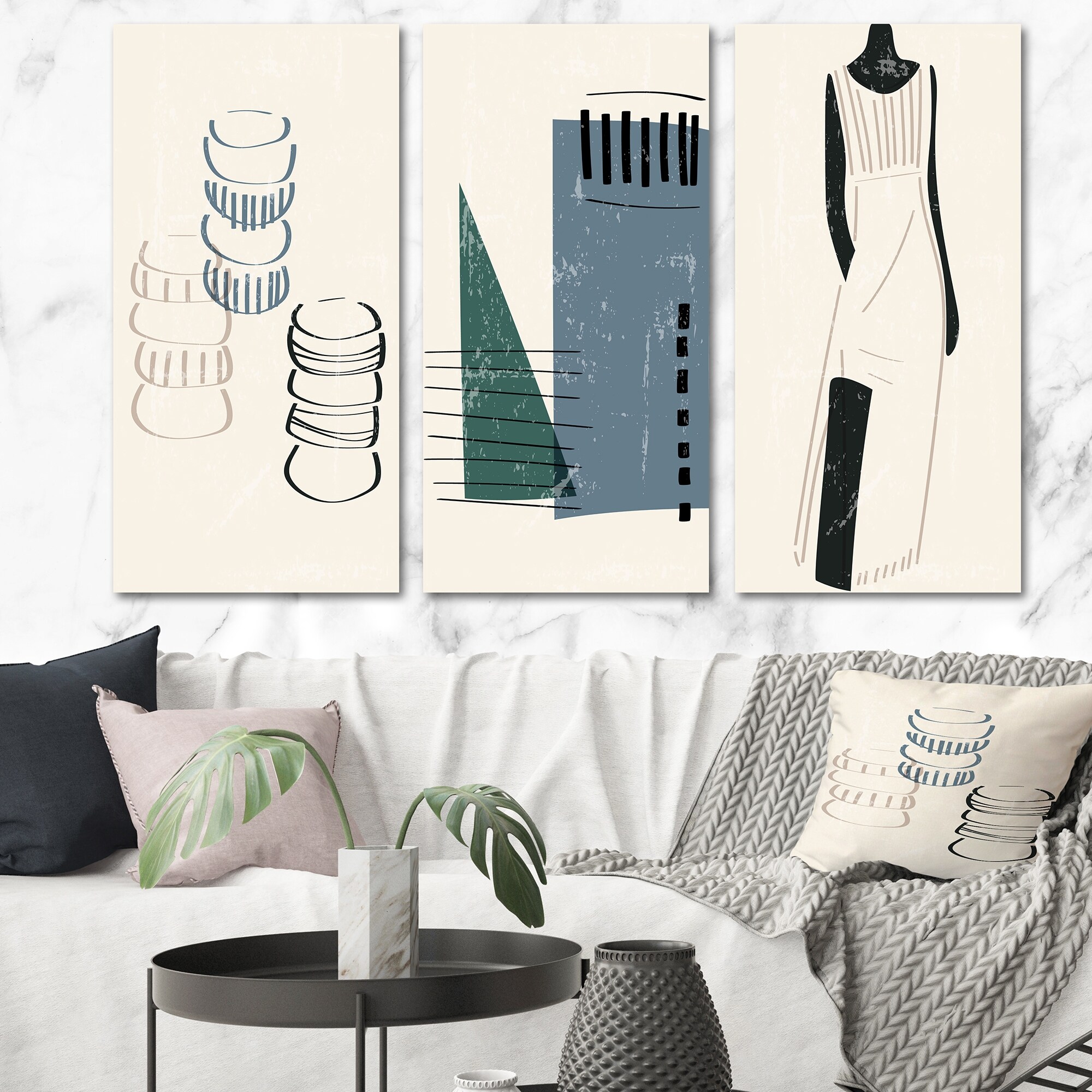 Designart Vintage Geometric Blue Shapes Abstract Wall Art Canvas-image