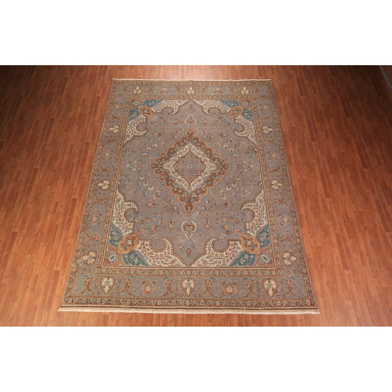 Gray Tabriz Persian Vintage Area Rug Handmade Wool Carpet - 9'6" x 12'9"