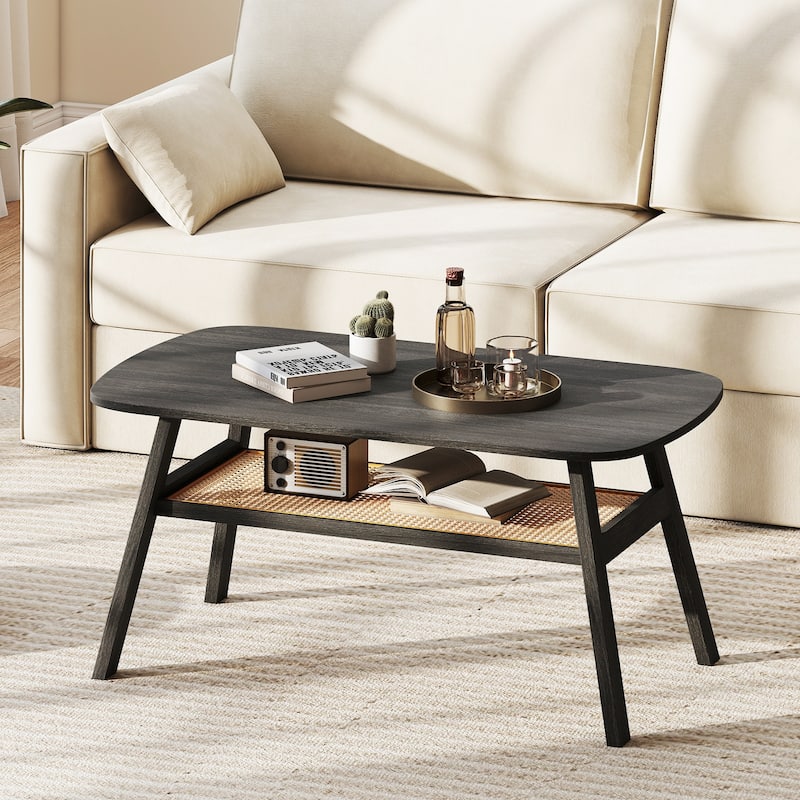 Gymax 2-Tier Coffee Table w/ Rattan Storage Shelf & Rubber Wood Legs