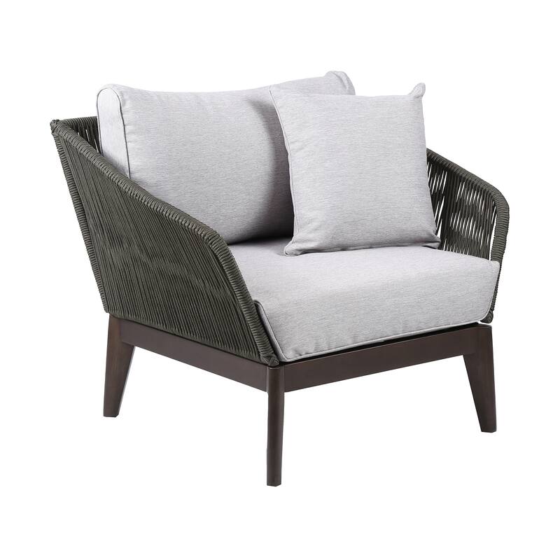 Athos Solid Eucalyptus Wood and Charcoal Rope Outdoor Patio Club Chair with Cushions