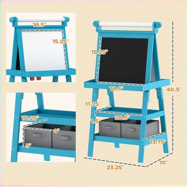 dimension image slide 1 of 2, 3 in 1 Children's Toys Double-Sided Easel with Two Storage Baskets