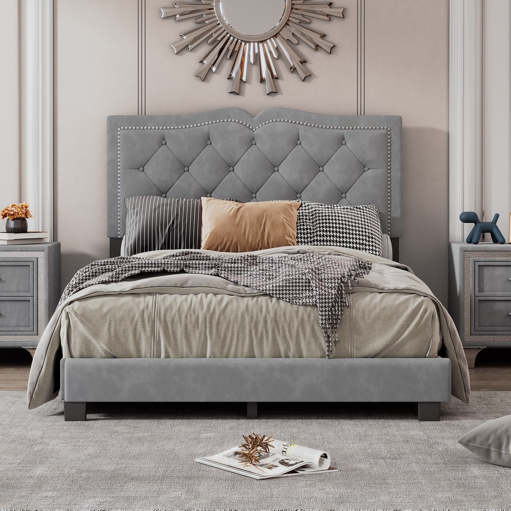 Wood Platform Bed Frame with Rivet Decoration Tufted Headboard, Velvet Low Profile Bed, No Box Spring Required Panel Bed