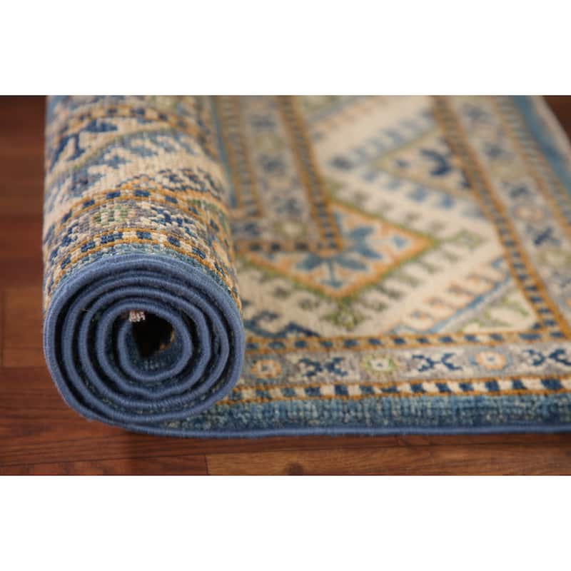 Blue Kazak Oriental Accent Rug Handmade Geometric Wool Carpet - 2'9"x 4'1"