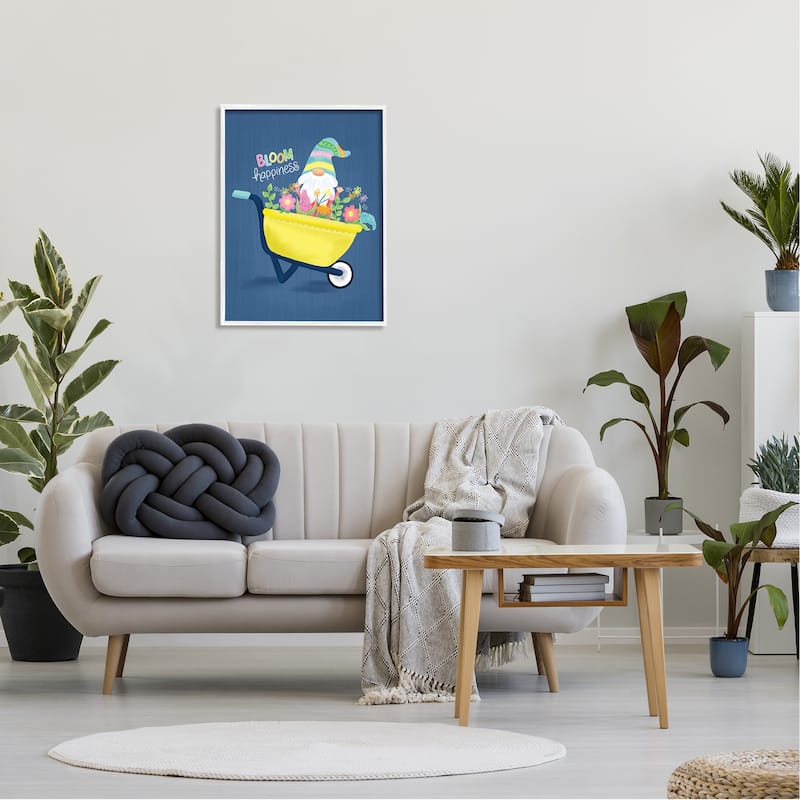Stupell Bloom Happiness Phrase Yellow Flower Wagon Gnome Framed Wall Art - Blue