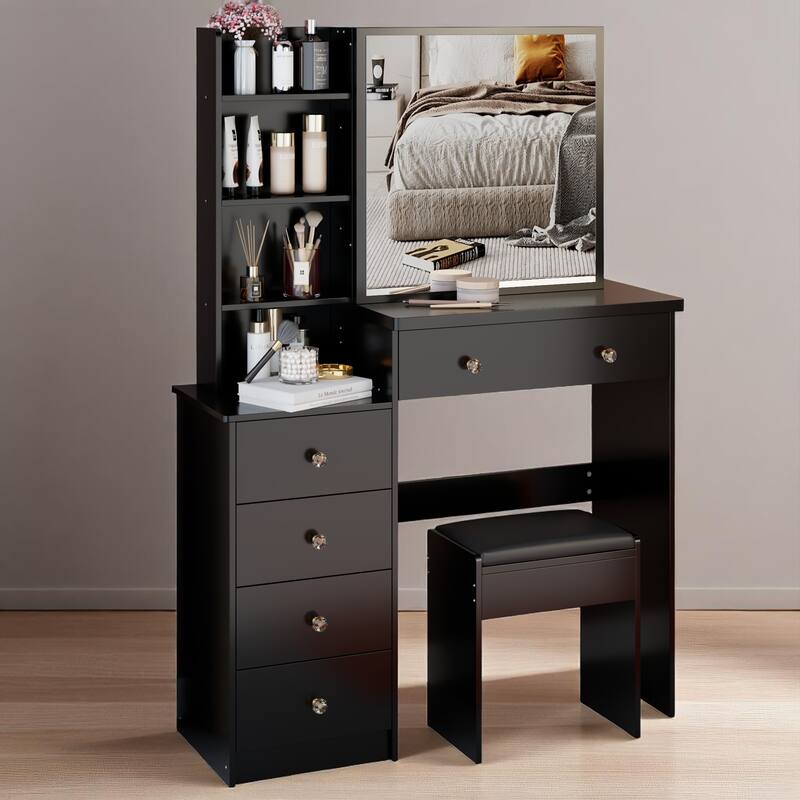 Makeup Vanity with Extra Large Sliding Mirror, 2-Piece Set with Stool, 37" Dresser with Ample Storage
