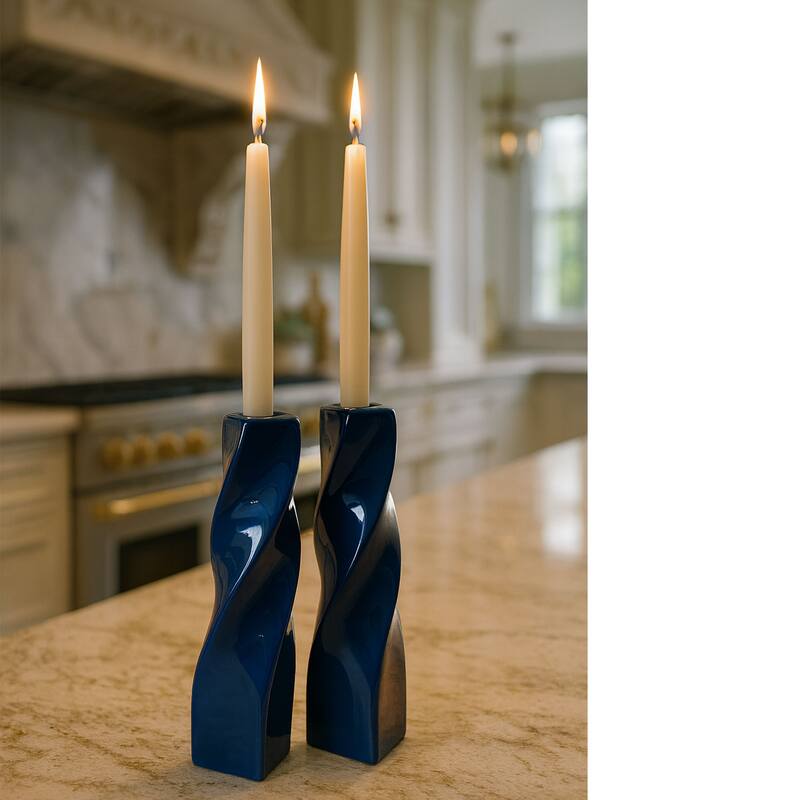 Blue Tall Curvy Santa Fe Style Ceramic Candlesticks Set of Two