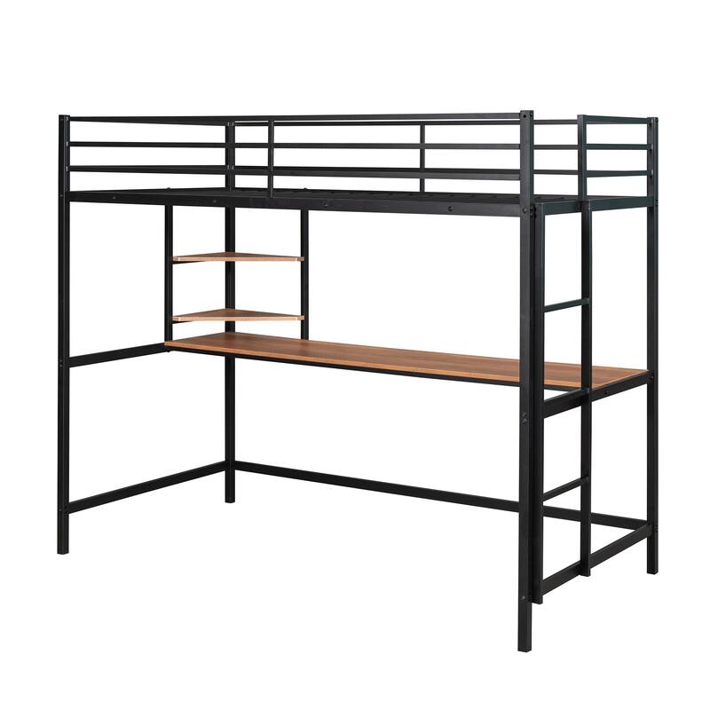 Black Twin Metal Loft Bed with Integrated Desk and Shelving Unit