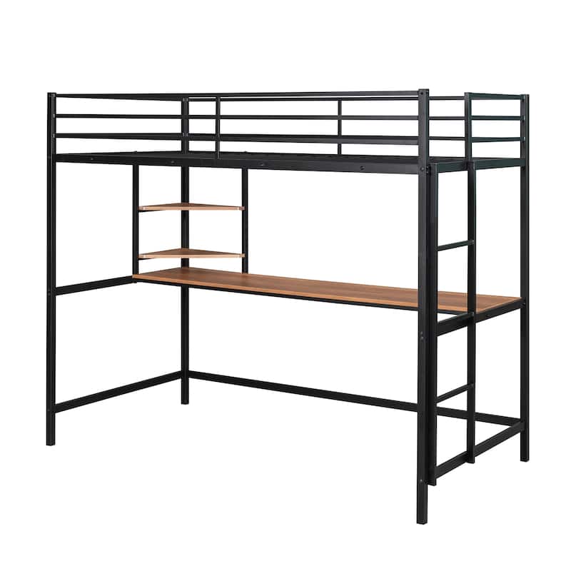 Sturdy Twin/Full Metal Loft Bed with Workstation, Desk, and Shelf, Perfect for Bedrooms or Dorms