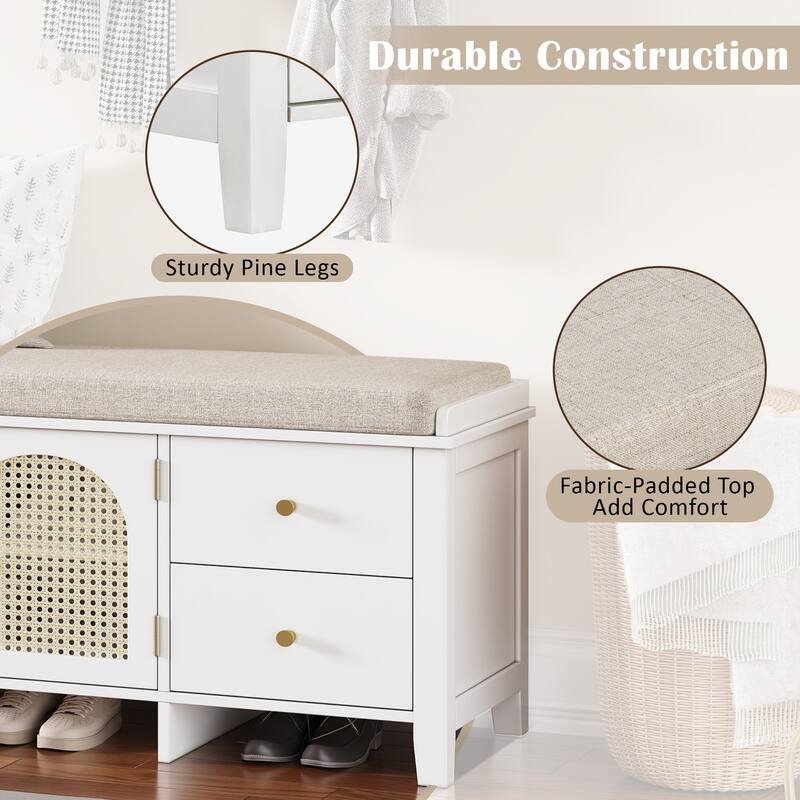 Wood Frame Bench with Shoe Storage, Shoe Bench with Rattan Arched Door and 2 Drawers Entryway Fabric Upholstered Bench