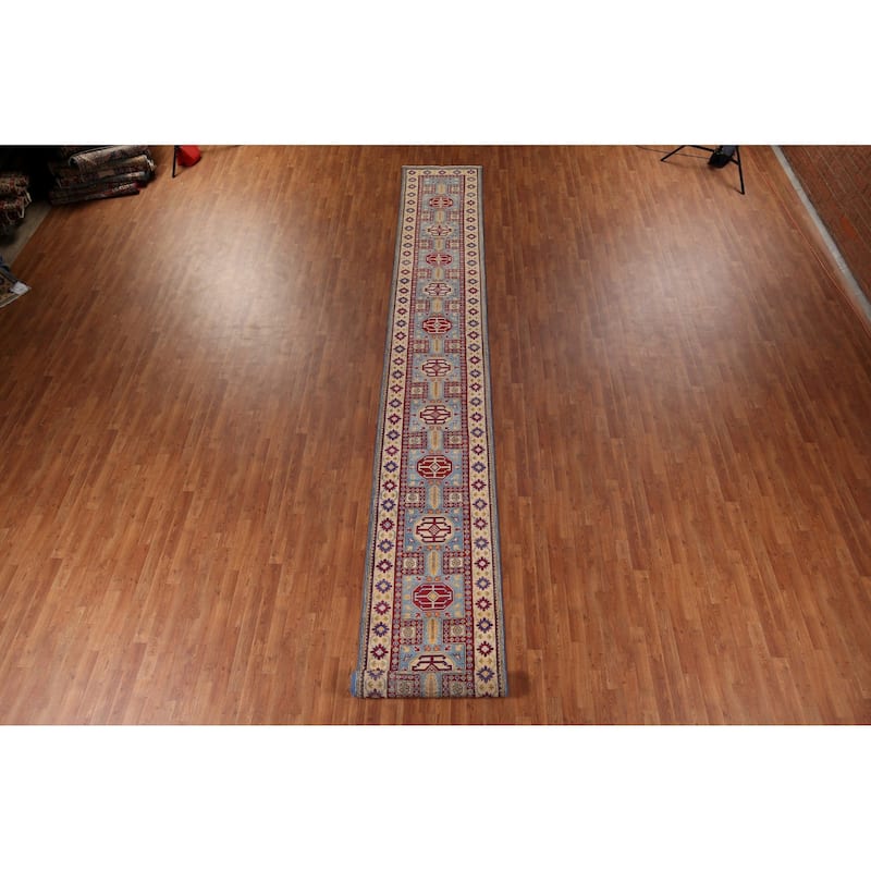 Light Blue Kazak Runner Rug Handmade Wool Carpet - 2'7" x 20'7"