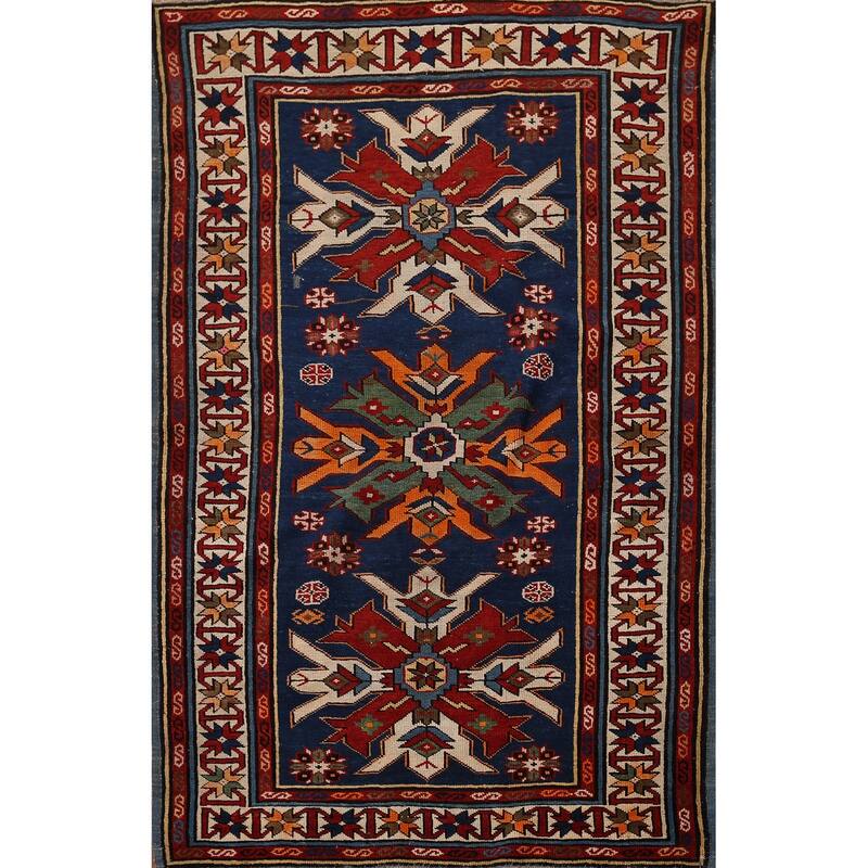 Navy Blue Geometric Kazak Vegetable Dye Wool Carpet - 3'5" x 5'2"