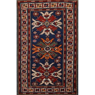 Navy Blue Geometric Kazak Vegetable Dye Wool Carpet - 3'5" x 5'2"