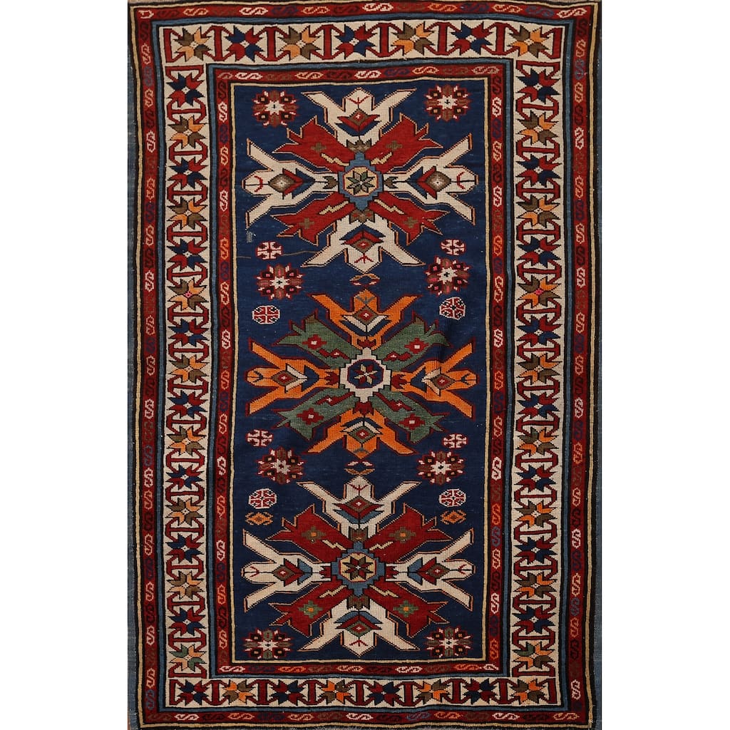 Navy Blue Geometric Kazak Vegetable Dye Wool Carpet - 3'5" x 5'2"