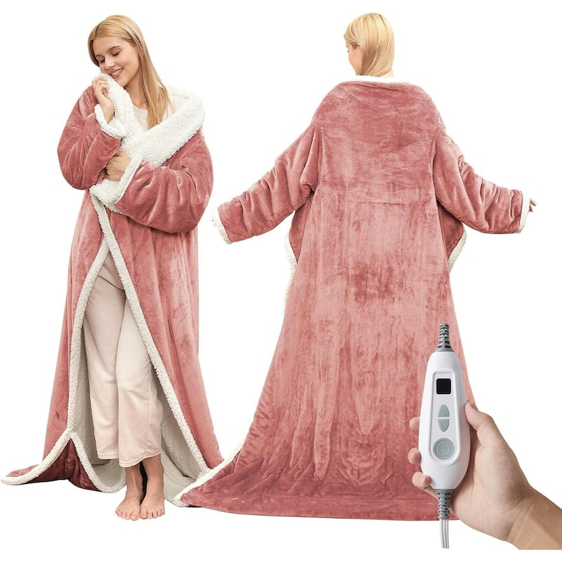 50"×70"+18" Wearable Electric Heated Blanket with Foot Pocket & Sleeves - Pink