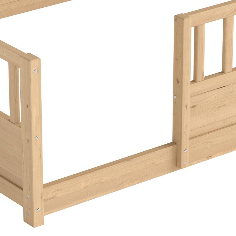 Wooden Floor Bed Frame with Fence Guardrail & Side Storage, Low Profile Kids Bed (Full/Twin)