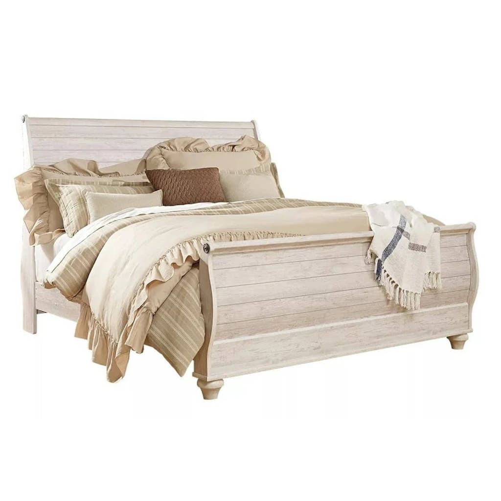 Isla King Sleigh Bed, Faux Planks, Carved Metal Accent, Whitewash Wood