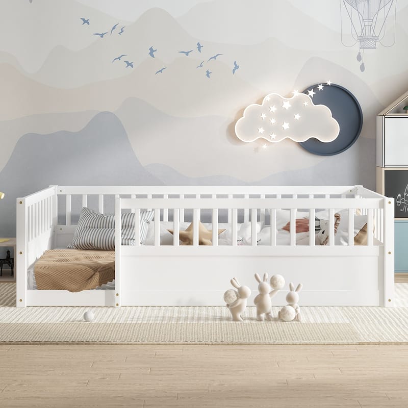 Montessori Toddler Floor Bed Child's Play Wood Bed Frame with High Fence and Open Door, No Slats - Twin Size or Full Size Option