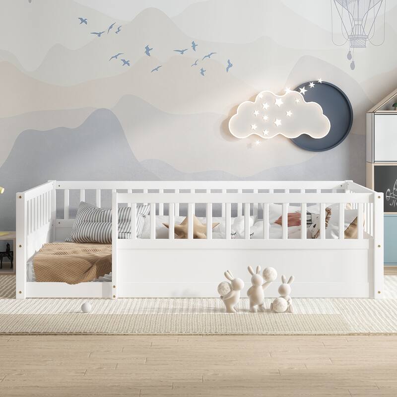 Roomfitters Wooden Twin Floor Bed Frame with Fence, Montessori Low Platform Design for Bedroom or Playroom