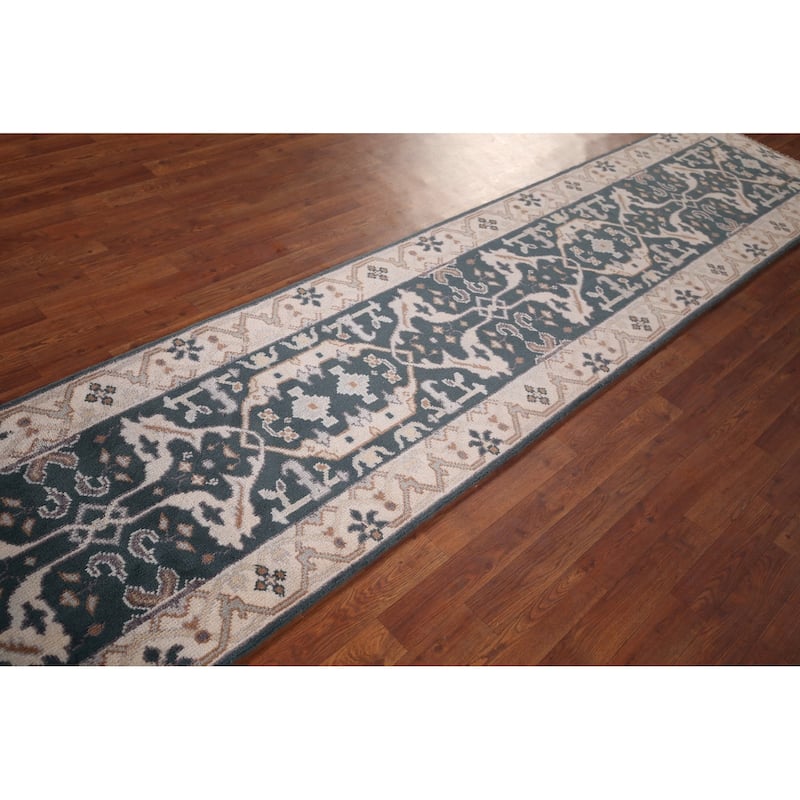 Green Oushak Indian Runner Rug Hand-Knotted Wool Carpet - 2'5"x 11'7"