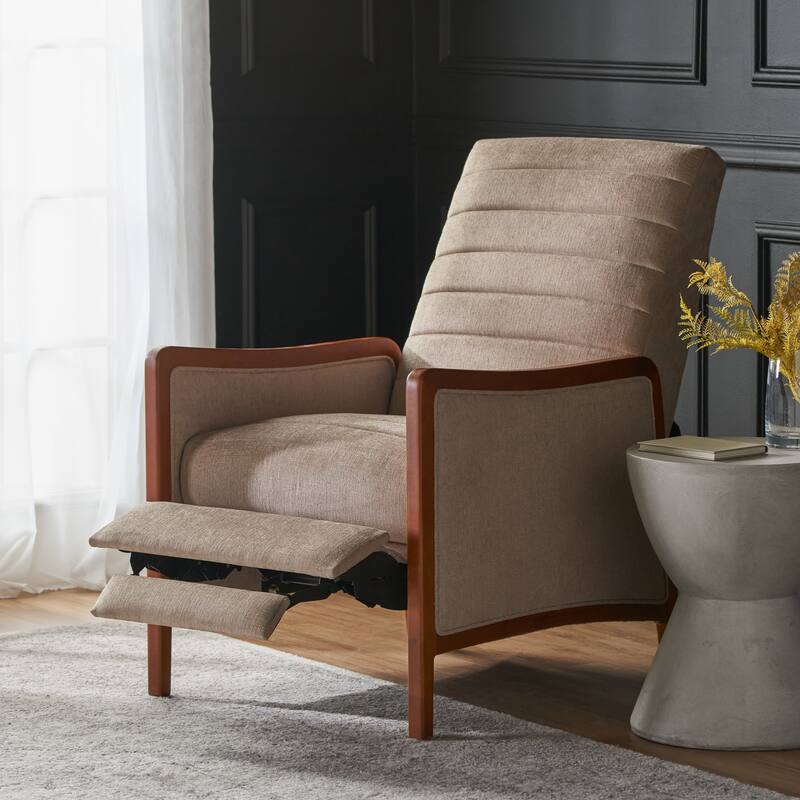 Mid-Century Modern Fabric Channel Stitch Recliner, Pushback, Wooden Frame