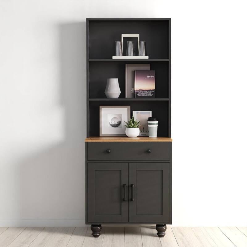 62.9" Farmhouse Kitchen Pantry Cabinet with 4 Solid Wood Legs, Open Shelves, Drawer, and Enclosed Storage Compartment - Black