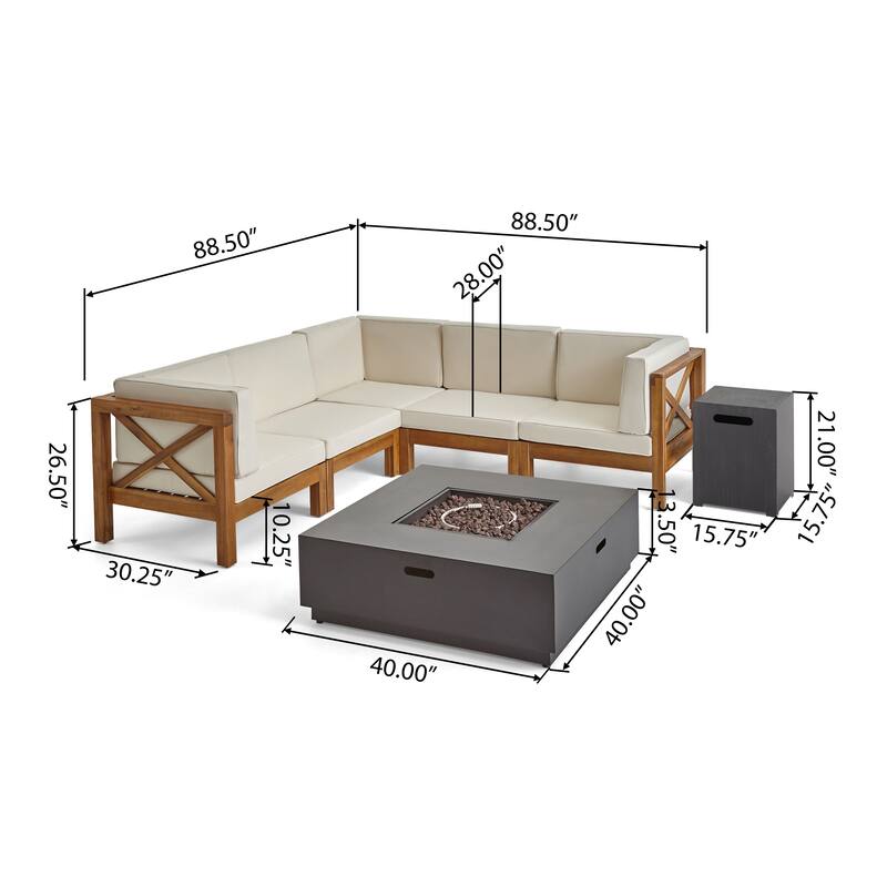 Culatra Outdoor Acacia Wood 5 Seater Sectional Sofa Set with Fire Pit by Christopher Knight Home