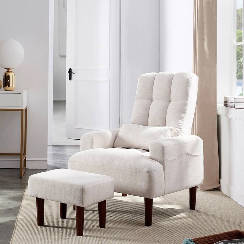Cream White 26.77" High Back Upholstered Lounge Chair with Ottoman