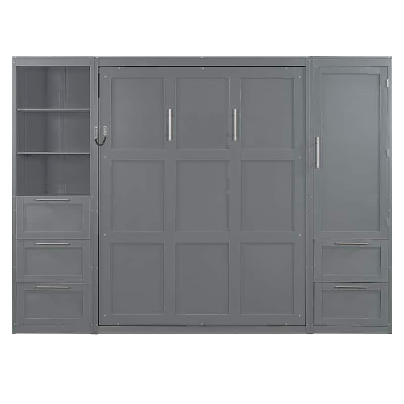 Queen Size Murphy Bed Hidden Bed with Wardrobe Drawers Shelves