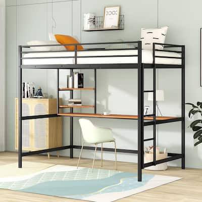 Full Size Metal Loft Bed with Desk, Ladder and Shelve for Kids, Teens, Girls, Boys