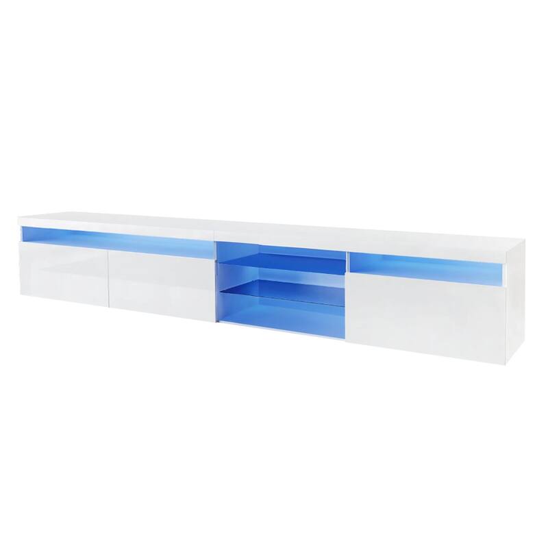 94.5" White TV Cabinet with LED Lights, 2 Glass Shelves, Media Console for TVs up to 105", Ample Storage