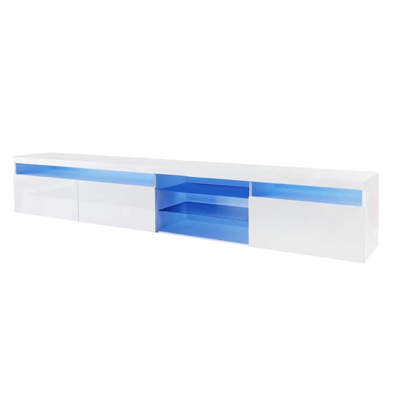 White 94" TV Stand with Glass Shelves & LED for TVs Up to 105"