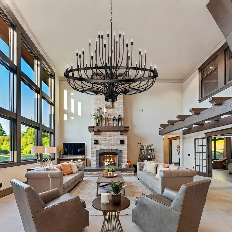 Black Chandelier Modern Farmhouse Chandelier for Dining Room Round Industrial Candle Chandeliers Light Wagon Wheel Chandelier