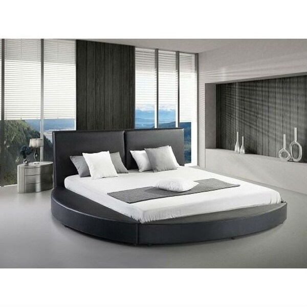 Queen size Modern Round Platform Bed with Headboard in Black Faux Leather