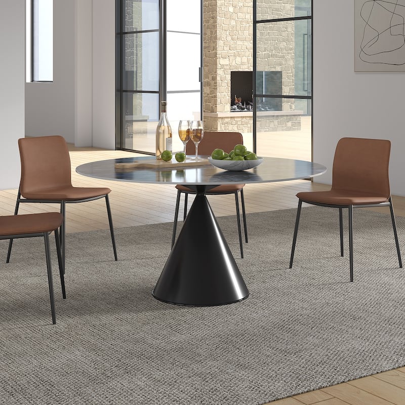 Modern Round Stone Top Black Titanium Stainless Steel Pedestal Dining Table