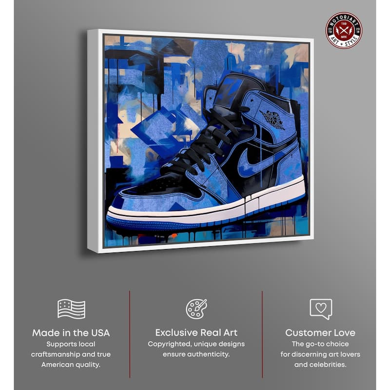 Notoriart Blue Brush Sneakers Framed Sneaker 1 Piece Canvas Wall Art