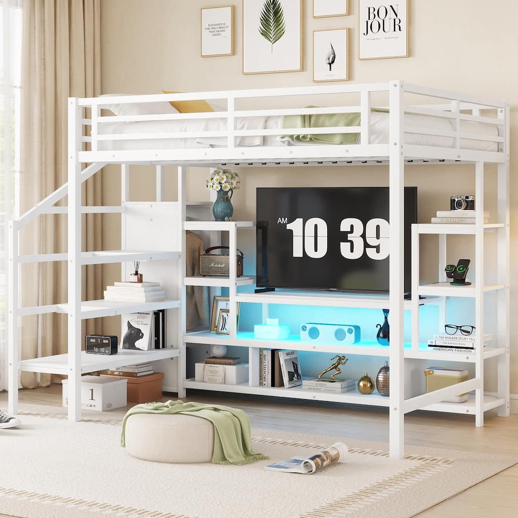 Metal Loft Bed with TV Cabinet, Metal Loft Bed with Staircase and Wardrobe, Kids Loft Bed